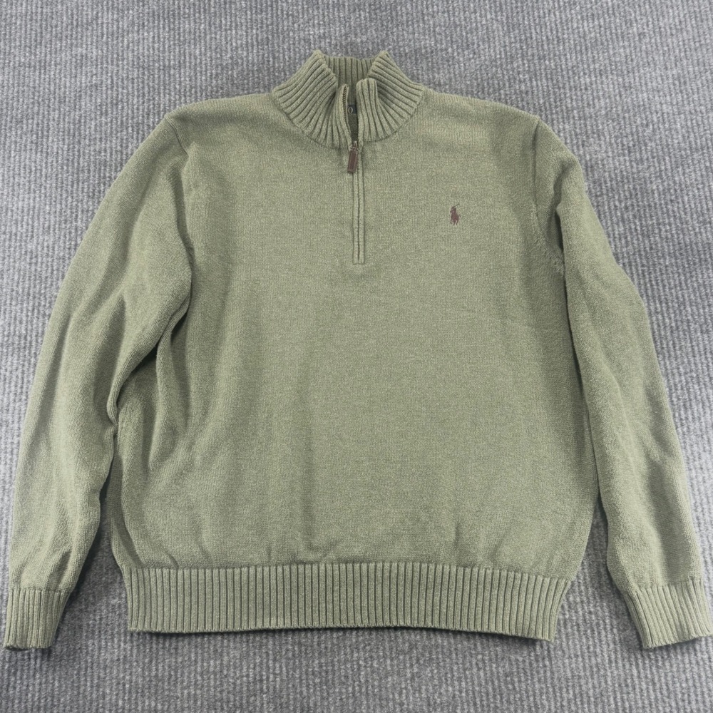 Polo Ralph Lauren Mens XL Quarter Zip Cotton Sweater Sage Green Burgundy Pony